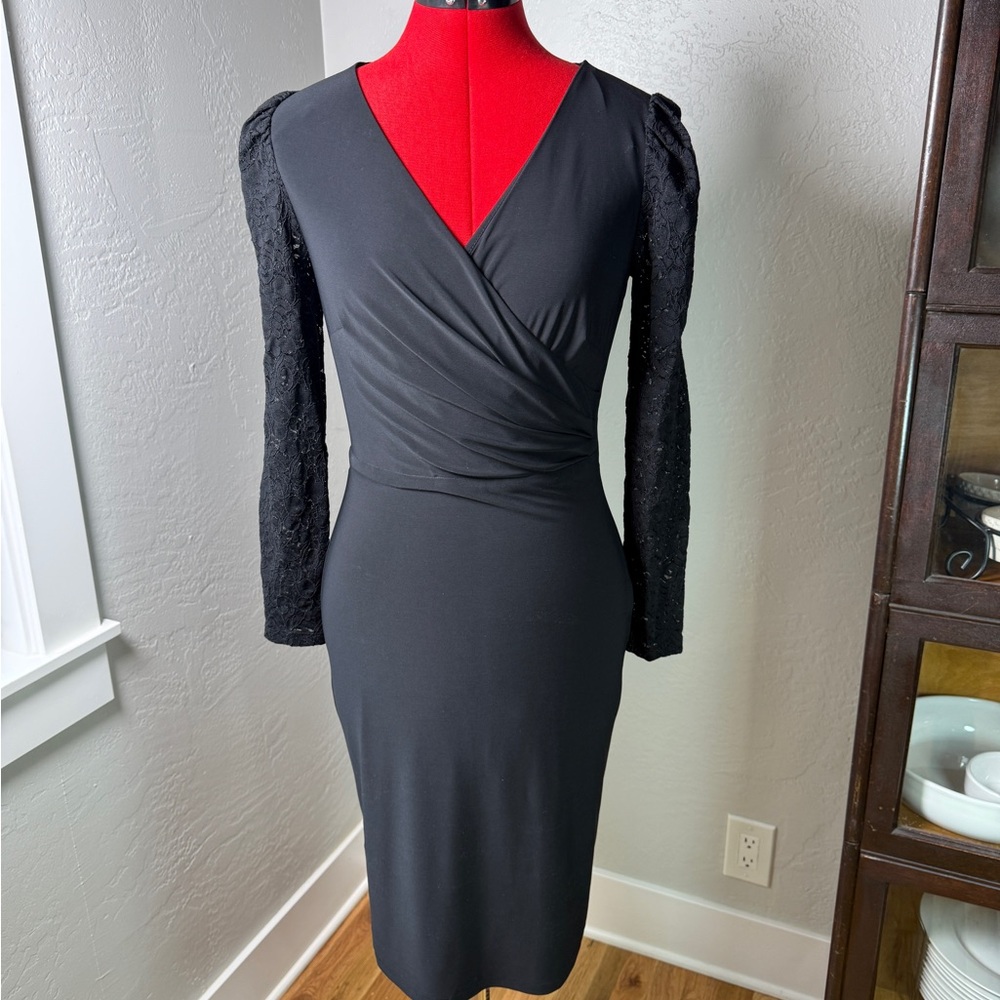 Lauren Ralph Lauren Black Wrap Sheath Dress Lace Long Sleeve Cocktail Size 0 - Picture 5 of 12